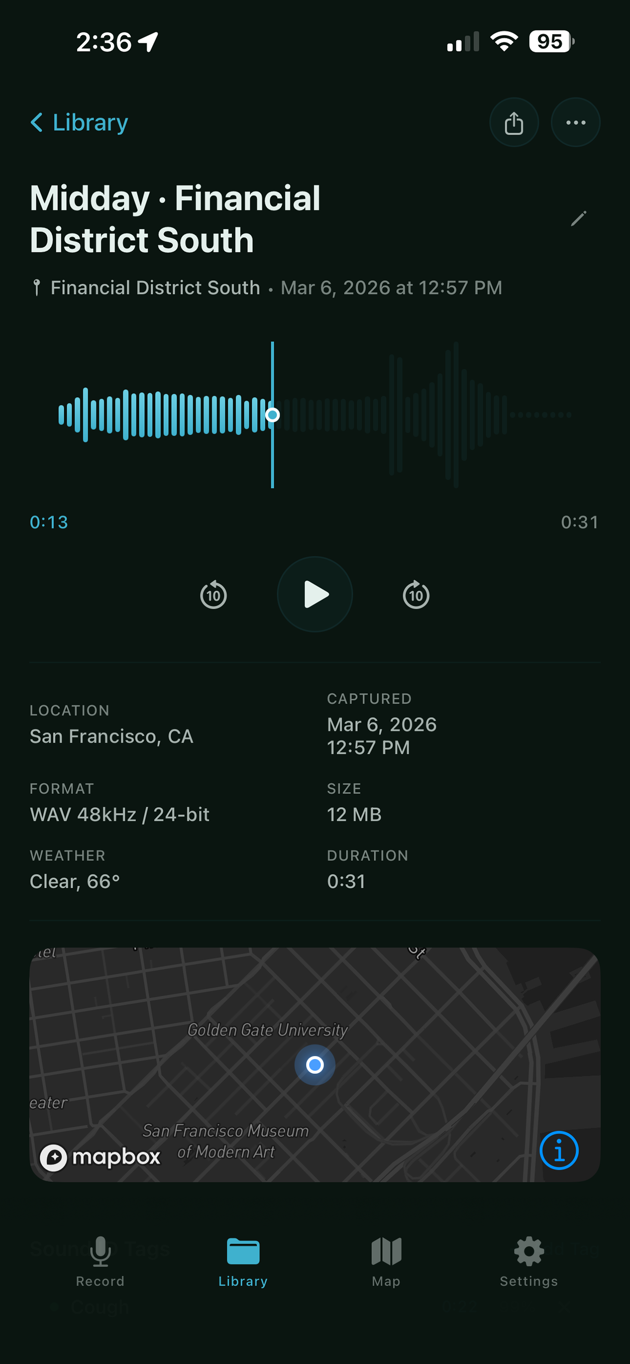 Field. app screenshot showing the detail view with waveform, location, and map