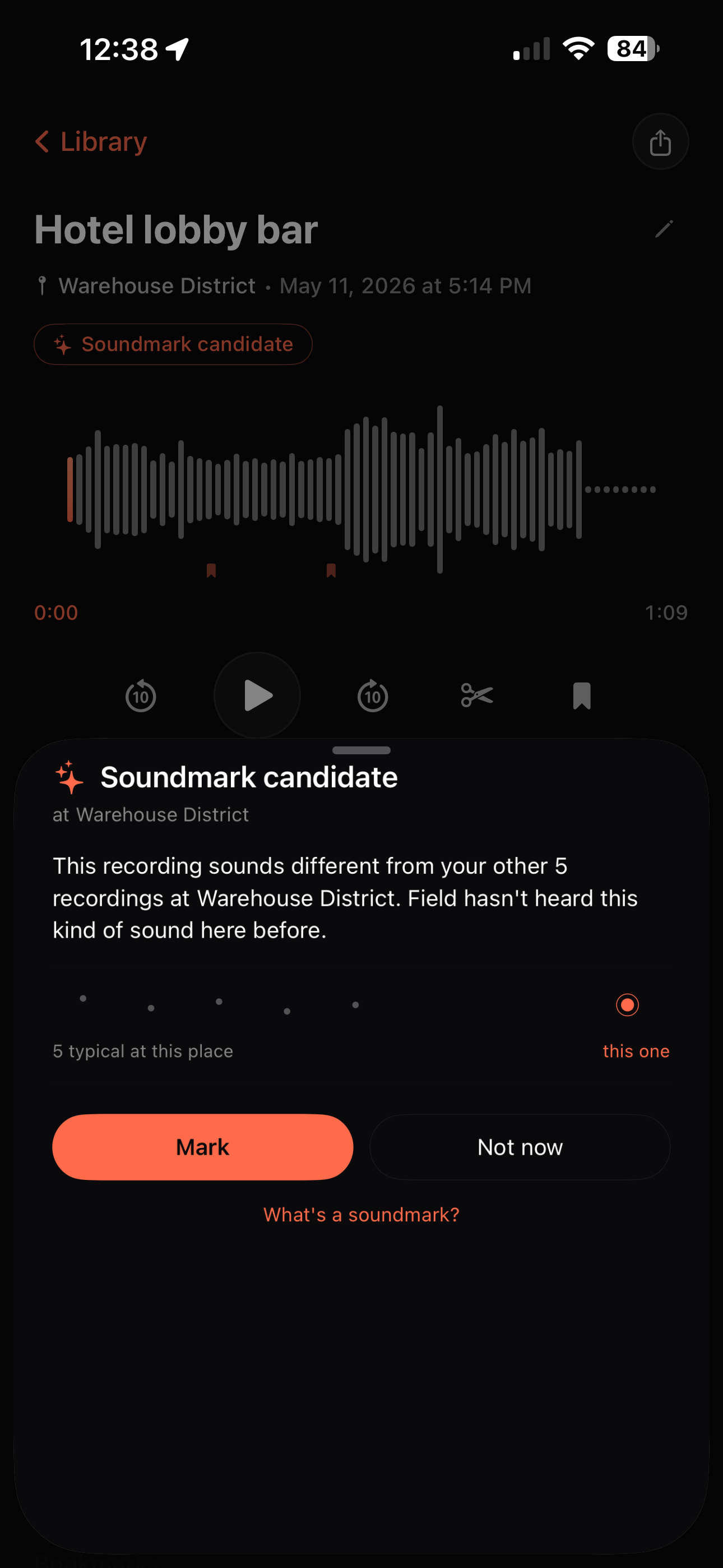 Field. Soundmark candidate sheet: a Hotel lobby bar recording at Warehouse District with the expanded prompt, dot-cluster visualization, and Mark / Not now buttons.